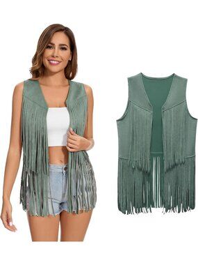 Women's Green Fringe Vest 60s 70s Hippie Vest Sleeveless Cowgirl Western Jacket